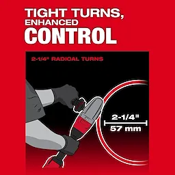 This image shows the M18 FUEL™ 10 Gauge Nibbler making a 2-1/4 inch (57 mm) radius turn, emphasizing its capability for tight turns and enhanced control.