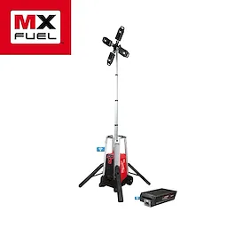 MX FUEL ROCKET Tower Light/Charger with extended light mast, sturdy tripod legs, and a detachable power battery.