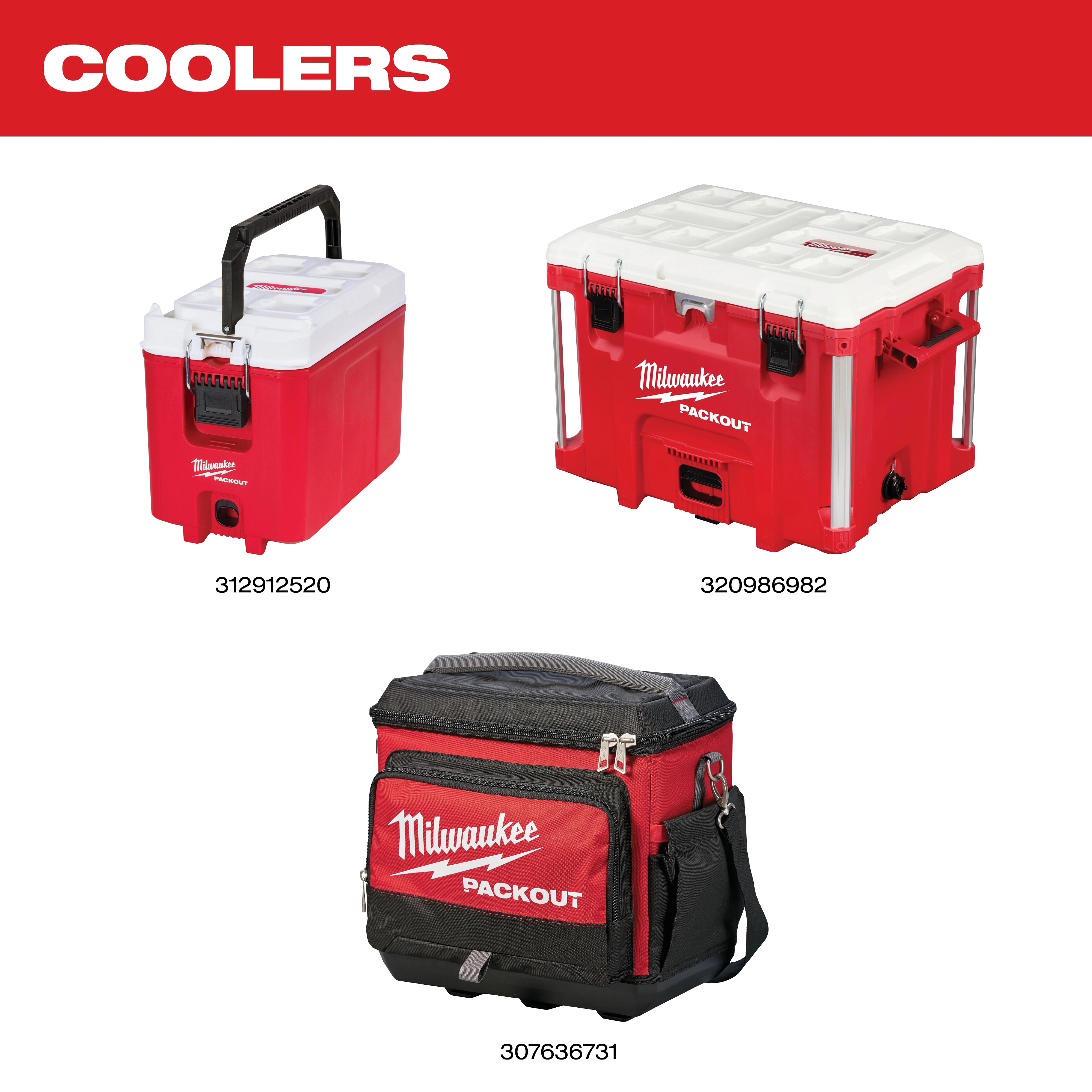 Milwaukee Packout Coolers in three styles: a small cooler (312912520), a large cooler (320986982), and an insulated cooler bag (307636731).
