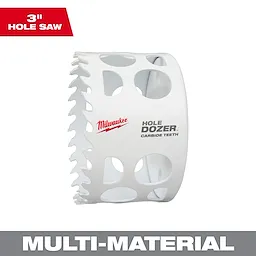 3-inch Hole Dozer with Carbide Teeth Hole Saw by Milwaukee, designed for multi-material cutting with a white cylindrical shape and jagged edge.
