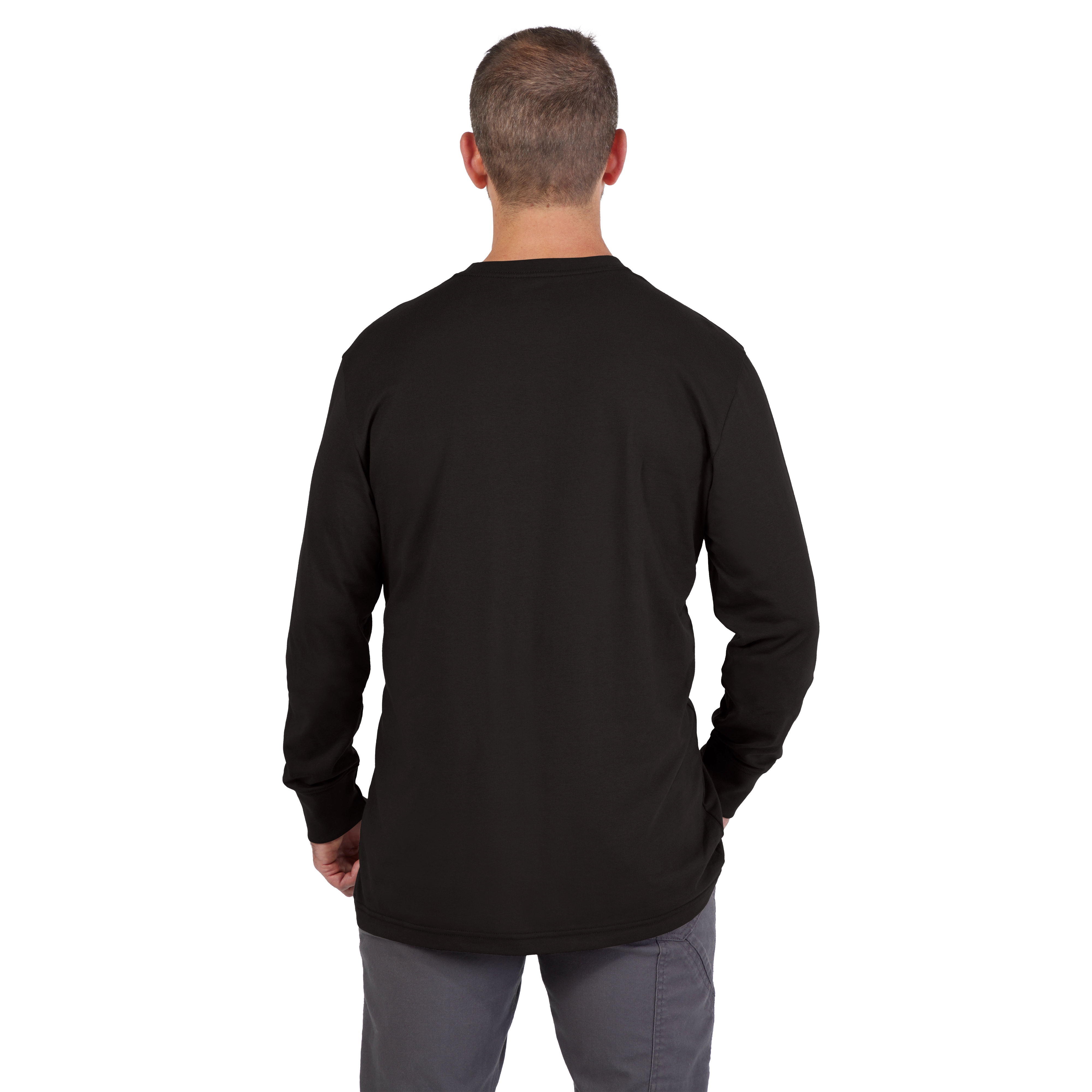 Rear view of a man wearing a Heavy Duty Pocket T-Shirt in black. The shirt has long sleeves and the man is facing away from the camera.