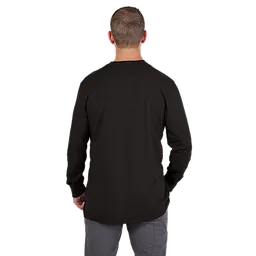 Rear view of a man wearing a Heavy Duty Pocket T-Shirt in black. The shirt has long sleeves and the man is facing away from the camera.