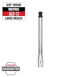 3/8" Drive 10mm Long Ball End Hex Bit Socket, featuring a long reach design, metric measurement, lifetime guarantee label included.