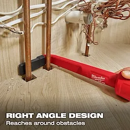 The image shows the AIR-TIP™ 4-in-1 Right Angle Cleaning Tool used to clean behind copper pipes and wires in a confined space. The tool is red and has a right angle design, allowing it to reach around obstacles. Text on the image reads, "RIGHT ANGLE DESIGN Reaches around obstacles."