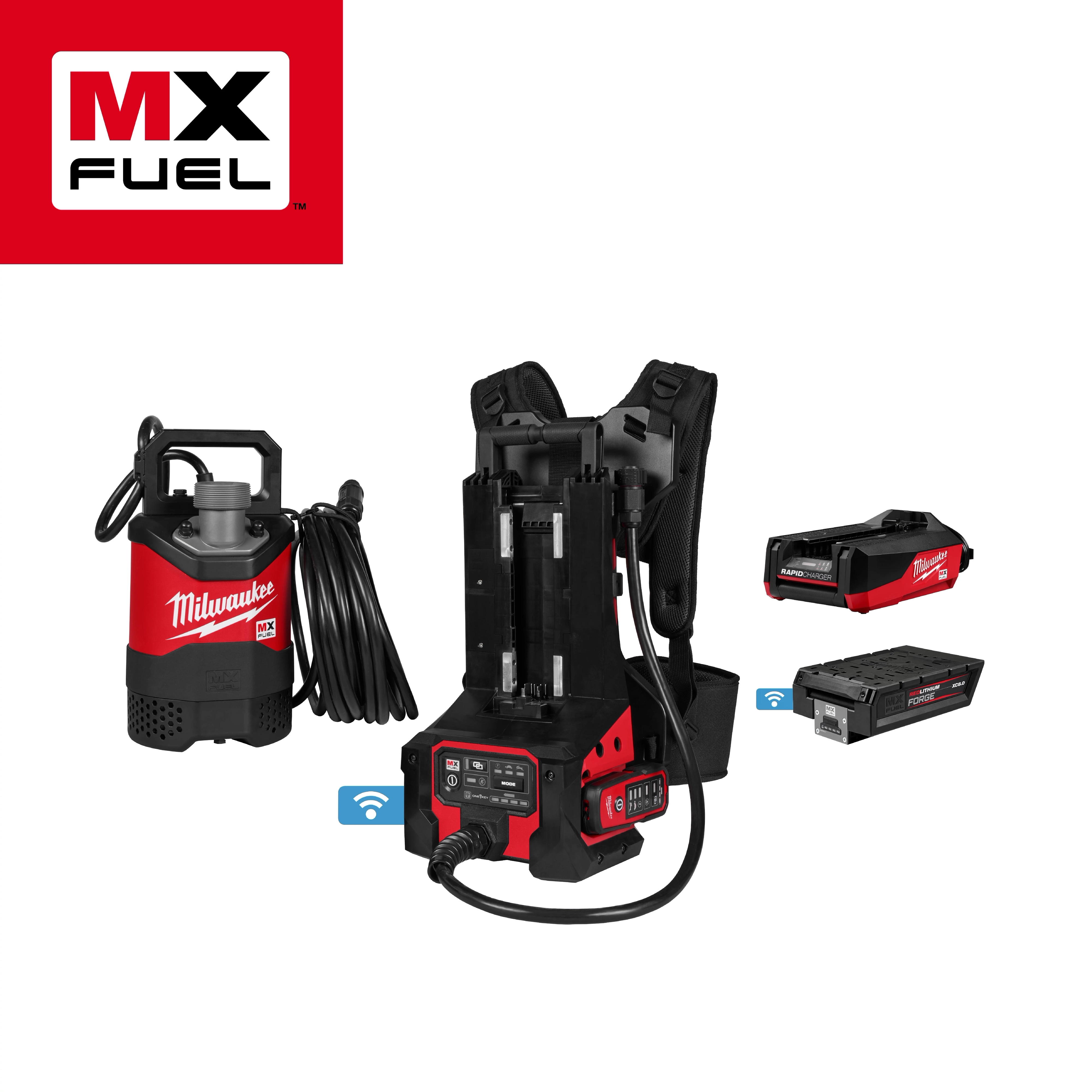 The image shows the MX FUEL™ Portable Pump Power Base with various components, including a portable pump with a cord, a battery, and a power base unit. The MX FUEL™ logo is displayed in the top left corner. All items are in red and black.