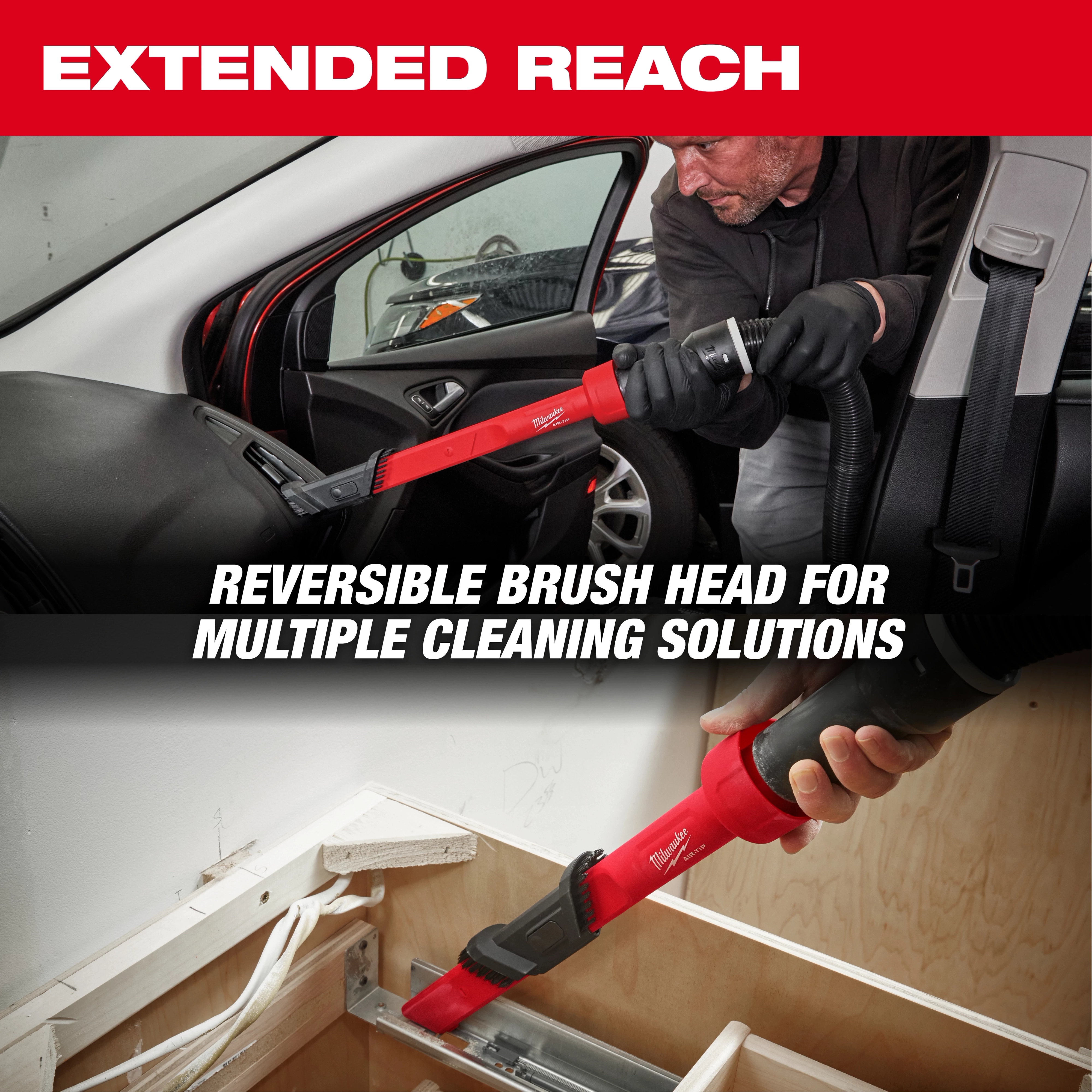 Image showing the AIR-TIP™ 3-in-1 Crevice and Brush Tool being used in two different cleaning scenarios: cleaning the interior of a car and cleaning under a cabinet. The text reads "Extended Reach" and "Reversible Brush Head for Multiple Cleaning Solutions."