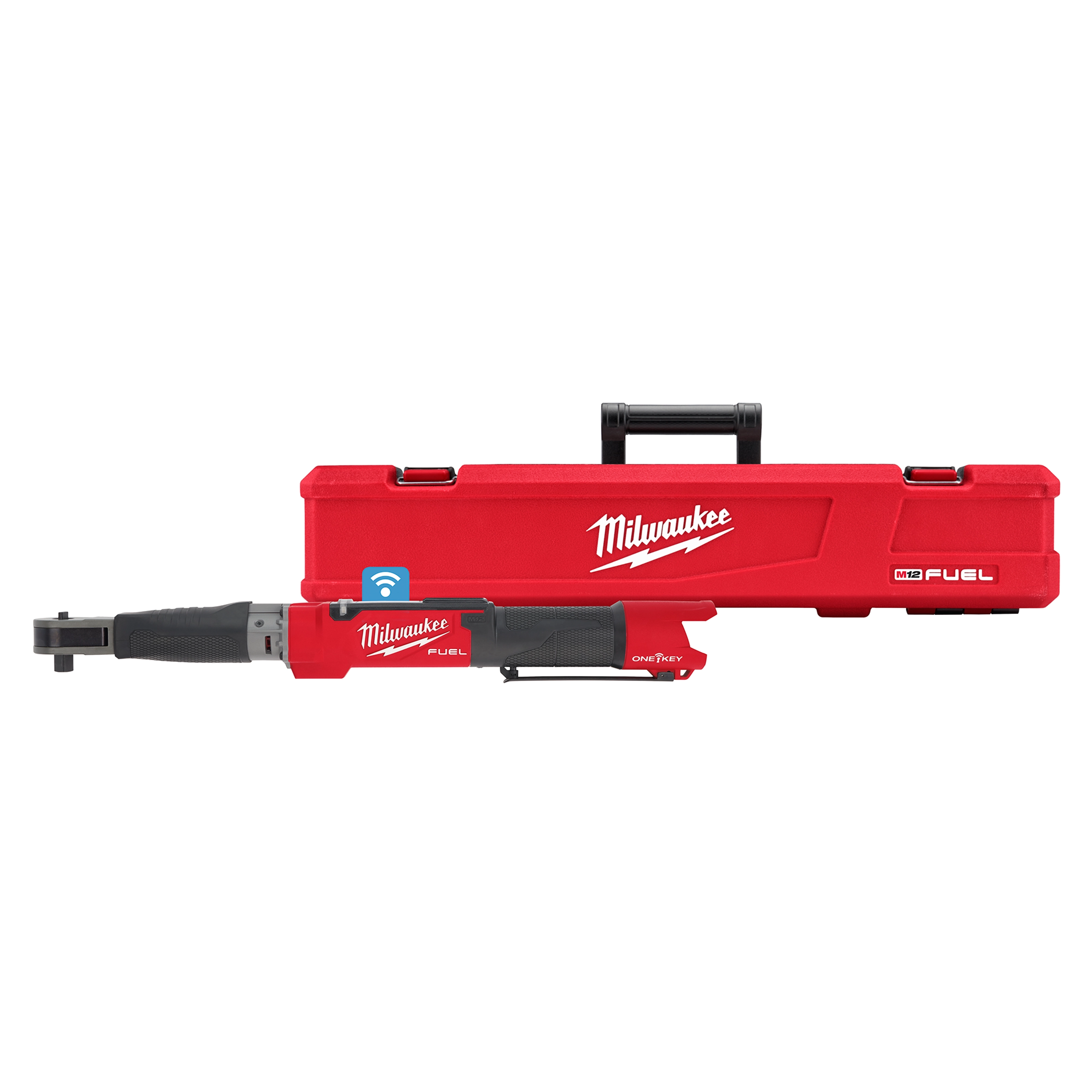 Milwaukee M12 Fuel 1/2” Digital Torque Wrench with ONE-KEY in front of its red carrying case with black handle and clasps.