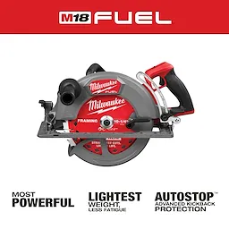 M18 FUEL 10-1/4" Rear Handle Circular Saw with text emphasizing power, lightness, and kickback protection.