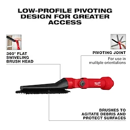 The AIR-TIP™ Low-Profile Pivoting Brush Tool features a red handle with a pivoting joint for multiple orientations. It has a 360-degree flat swiveling brush head and brushes designed to agitate debris and protect surfaces for greater access in tight spaces.