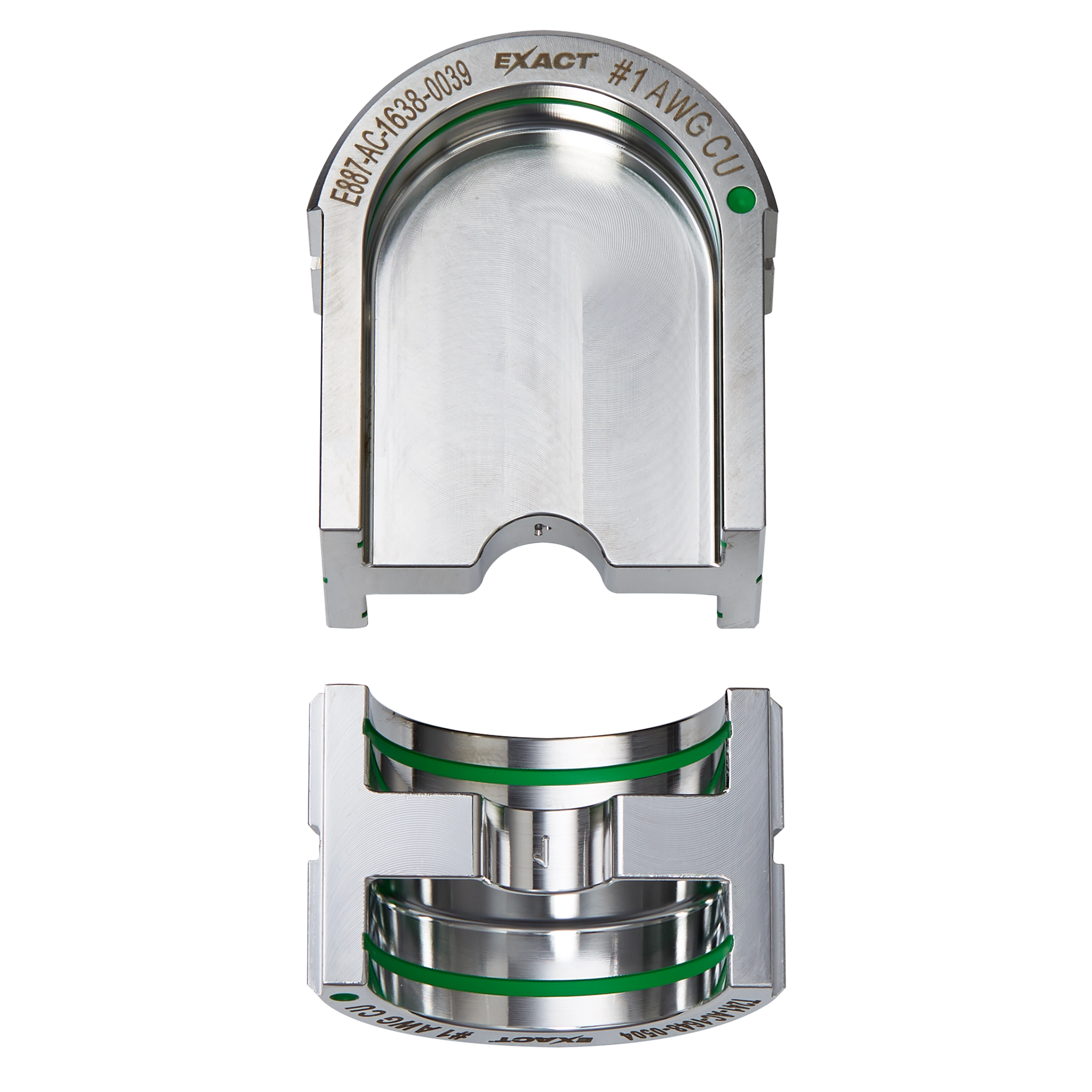 The FORCELOGIC™ M18™ 750 MCM Crimper Kit features two metallic die components used for crimping wires. The top piece is rounded with labeling, and the bottom piece has a cylindrical center part. Both parts have green accents.