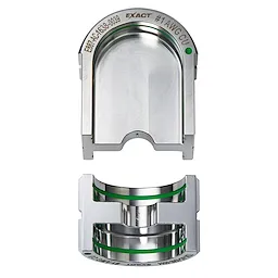 The FORCELOGIC™ M18™ 750 MCM Crimper Kit features two metallic die components used for crimping wires. The top piece is rounded with labeling, and the bottom piece has a cylindrical center part. Both parts have green accents.