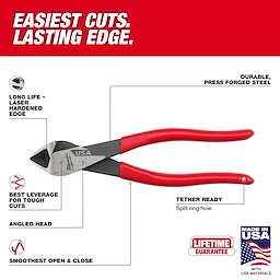 8" Angled Head Diagonal Dipped Grip Cutting Pliers (USA) feature red handles, a laser-hardened edge, durable press-forged steel construction, and a split ring hole for tethering. The product promises the smoothest open and close, best leverage for tough cuts, and includes a lifetime guarantee. Made in the USA.