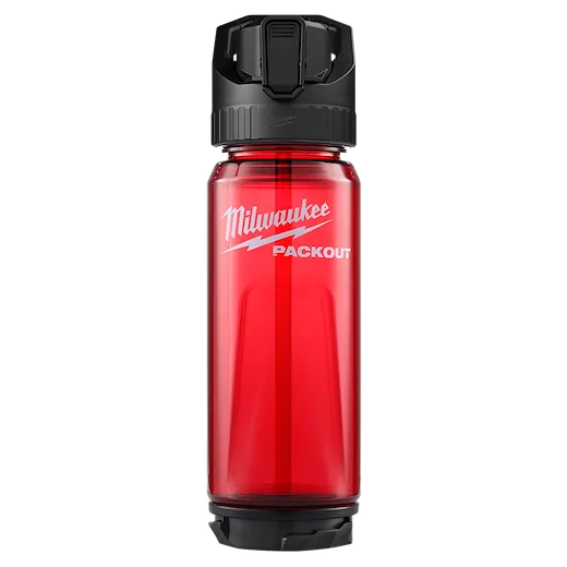 PACKOUT 25oz Bottle with Straw Lid standing upright with a black lid and red body.