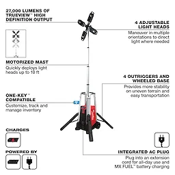 Portable light tower with motorized mast, adjustable light heads, outriggers, wheeled base, 27,000 lumens output, One-Key compatibility