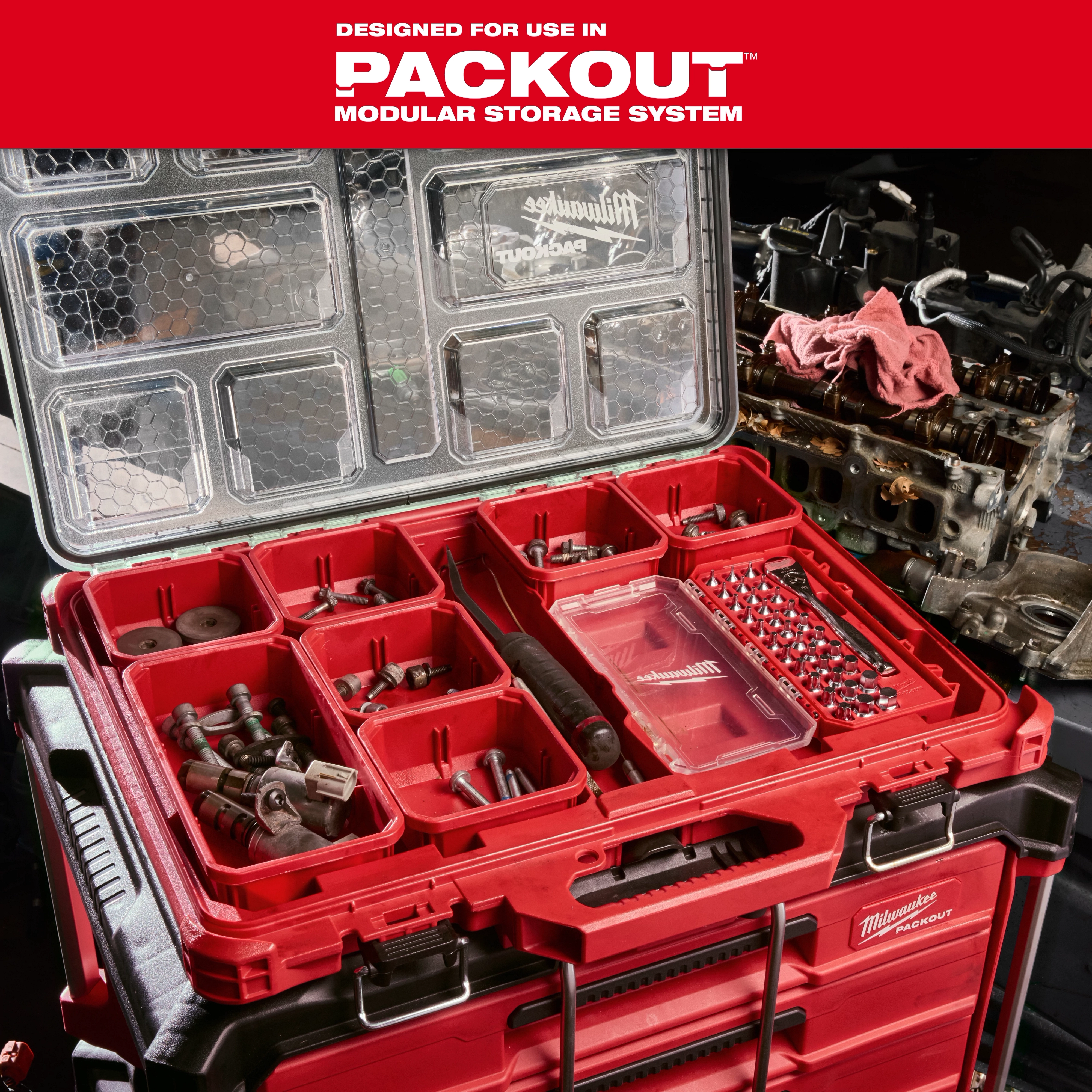 34pc 1/4” Drive Ratchet & Low-Profile Bit Socket Set organized in a red PACKOUT storage case with open compartments.