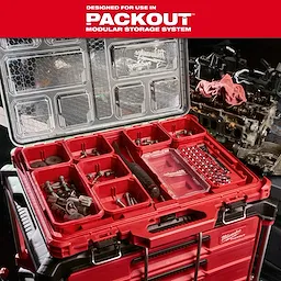 34pc 1/4” Drive Ratchet & Low-Profile Bit Socket Set organized in a red PACKOUT storage case with open compartments.