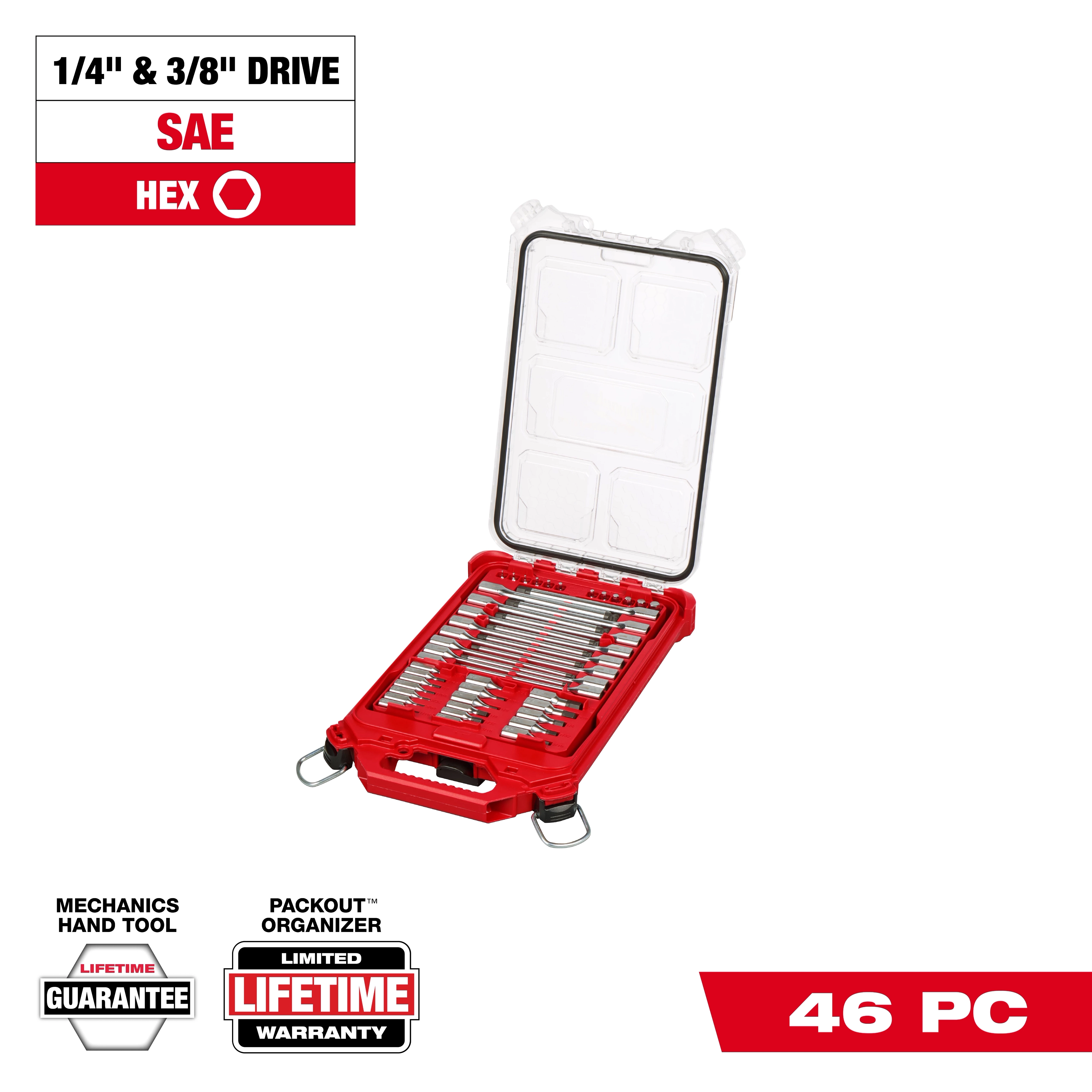 46pc 1/4” and 3/8” Drive SAE Bit Socket Set with PACKOUT Compact Low-Profile Organizer open displaying sockets.