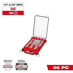 46pc 1/4” and 3/8” Drive SAE Bit Socket Set with PACKOUT Compact Low-Profile Organizer open displaying sockets.