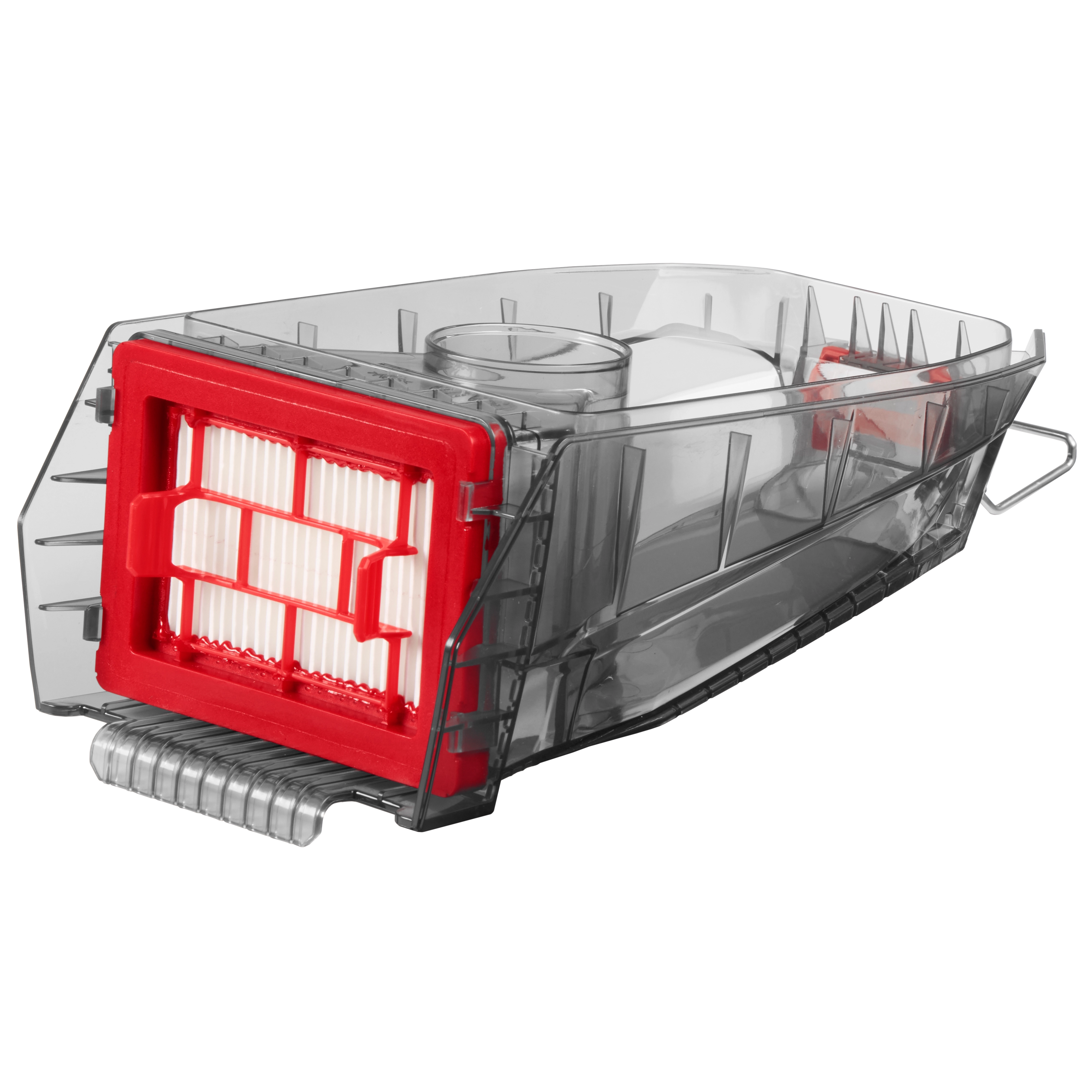 Transparent dust box with a red filter and handle, designed for the M18 Brushless Handheld Vacuum. The dust box shows its internal compartments and is a detachable component of the vacuum for easy cleaning and maintenance.