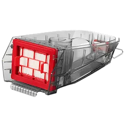 Transparent dust box with a red filter and handle, designed for the M18 Brushless Handheld Vacuum. The dust box shows its internal compartments and is a detachable component of the vacuum for easy cleaning and maintenance.