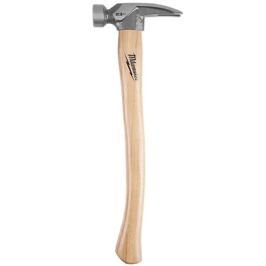 23oz Milled Face Hickory Handle Framing Hammer with a polished metal head and a natural hickory wood handle.