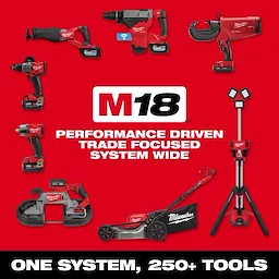 Image of the M18 system product line with M18 logo and the text "Performance Driven. Trade Focused. System Wide. One System, 250+ Tools."