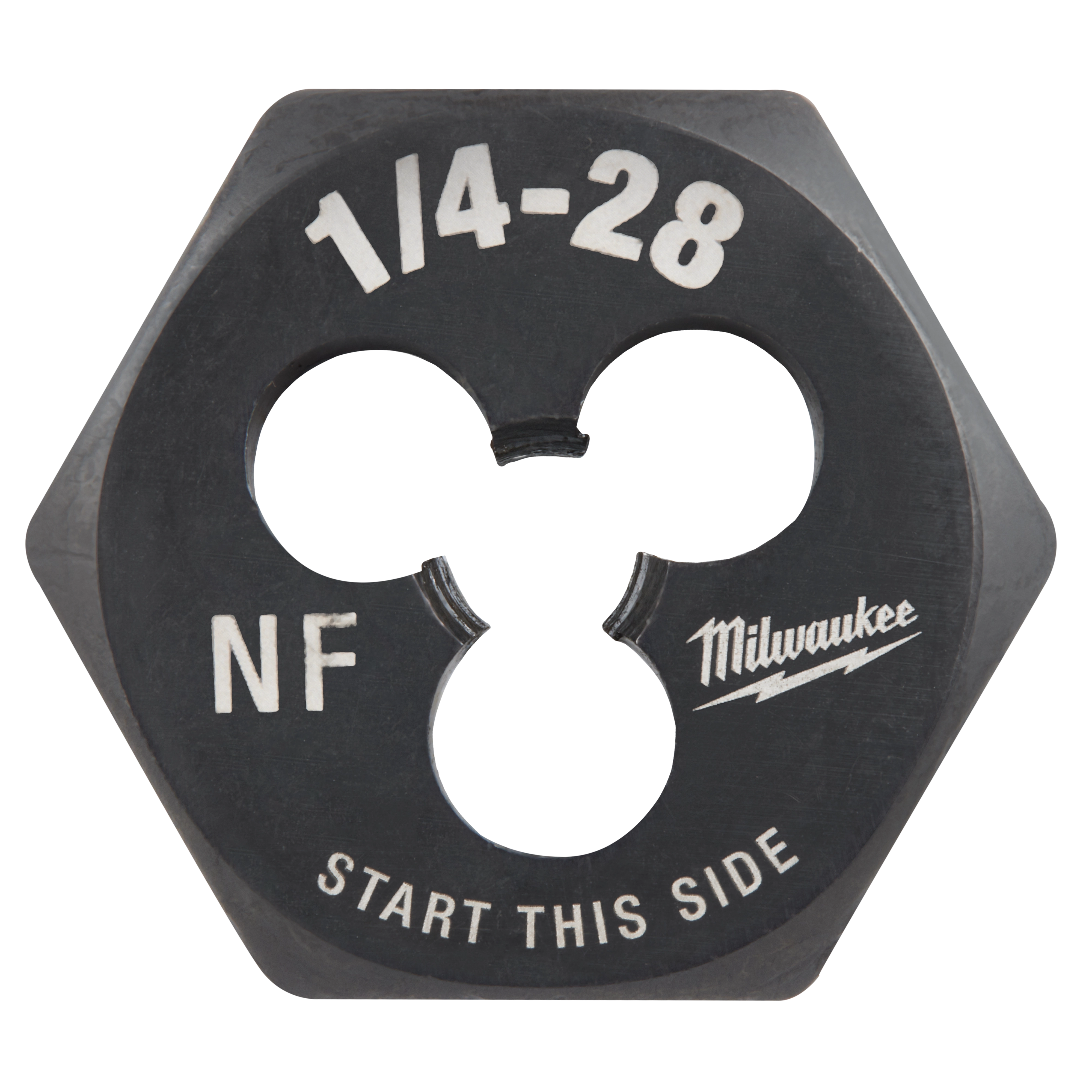 1/4"-28 NF 1-Inch Hex Die with "Start This Side" and "Milwaukee" branding, featuring hexagonal shape and three cutting holes.