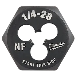 1/4"-28 NF 1-Inch Hex Die with "Start This Side" and "Milwaukee" branding, featuring hexagonal shape and three cutting holes.
