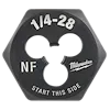 1/4"-28 NF 1-Inch Hex Die with "Start This Side" and "Milwaukee" branding, featuring hexagonal shape and three cutting holes.