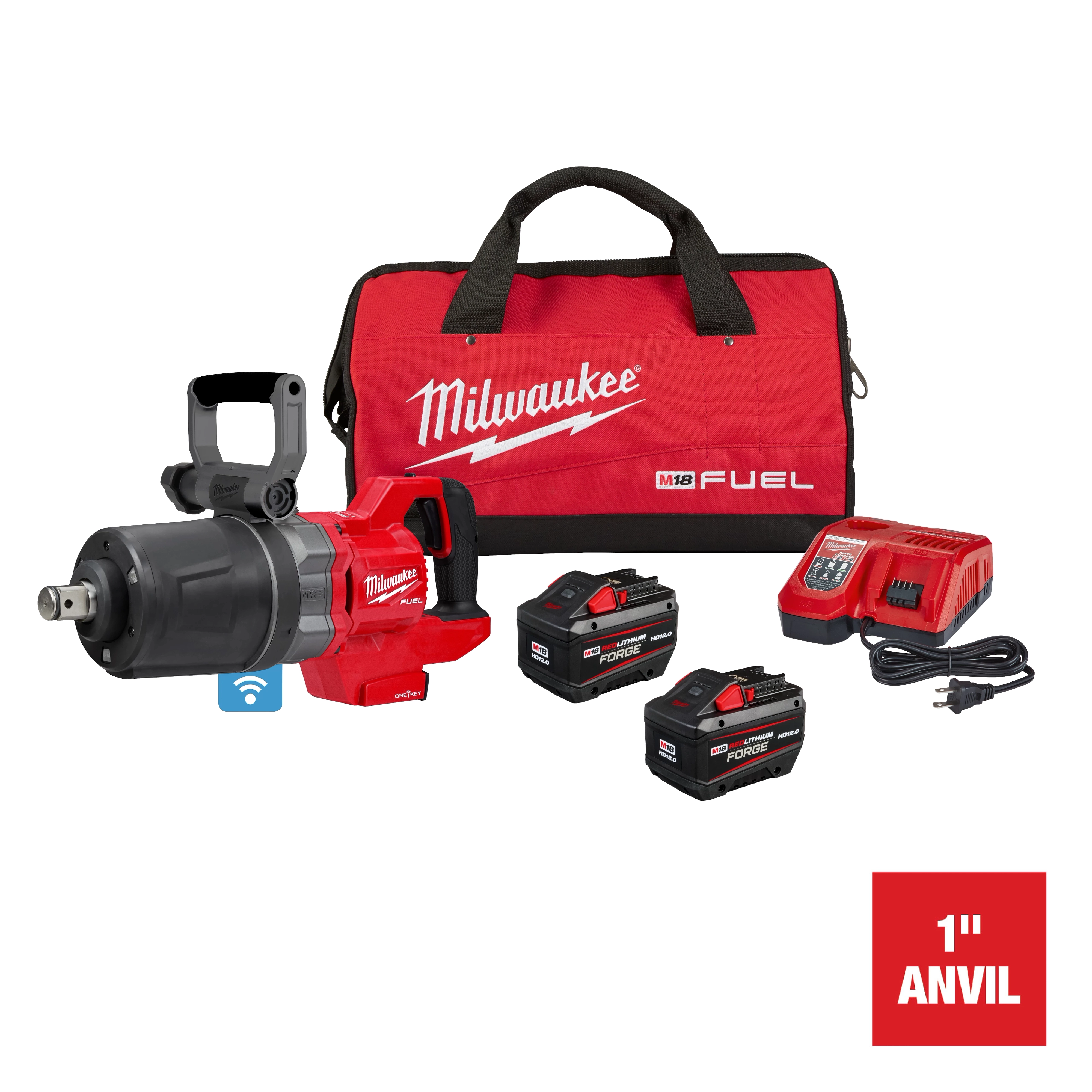 Milwaukee M18 FUEL™ 1" D-Handle High Torque Impact Wrench w/ ONE-KEY™. It includes the impact wrench, two batteries, a charger, and a red carrying case with the Milwaukee logo. The text "1" ANVIL" is displayed in the bottom right corner.