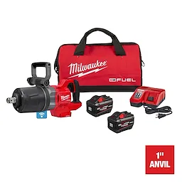 Milwaukee M18 FUEL™ 1" D-Handle High Torque Impact Wrench w/ ONE-KEY™. It includes the impact wrench, two batteries, a charger, and a red carrying case with the Milwaukee logo. The text "1" ANVIL" is displayed in the bottom right corner.