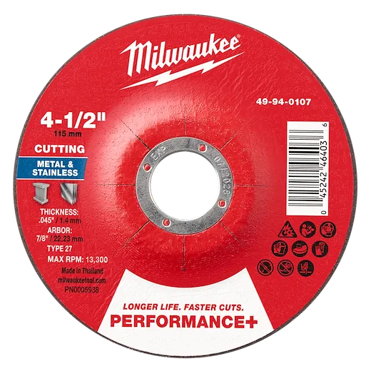 4-1/2" x 0.045" x 7/8" Performance+ Metal Cut Off Wheel - Type 27 for cutting metal and stainless, max RPM 13,300.