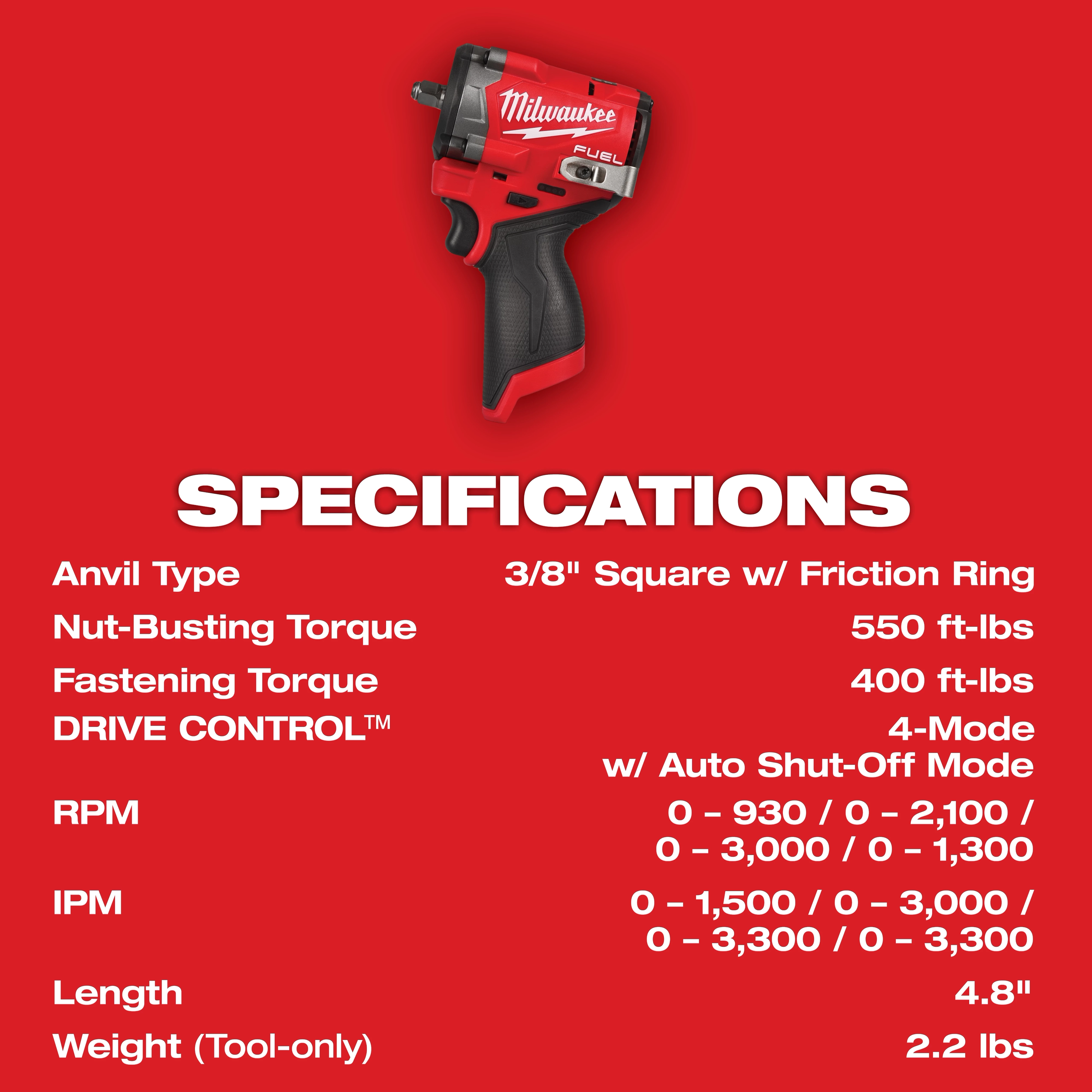 Image of the Milwaukee M12 FUEL Stubby 3/8" Impact Wrench highlighting its specifications