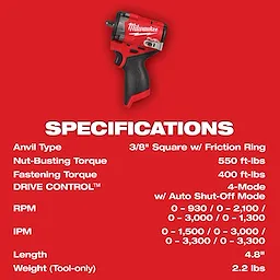 Image of the Milwaukee M12 FUEL Stubby 3/8" Impact Wrench highlighting its specifications