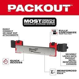 PACKOUT Tool Box Belt Clip Rack Attachment allows quick access, easy attachment swaps, and securely locks onto metal-reinforced corners.