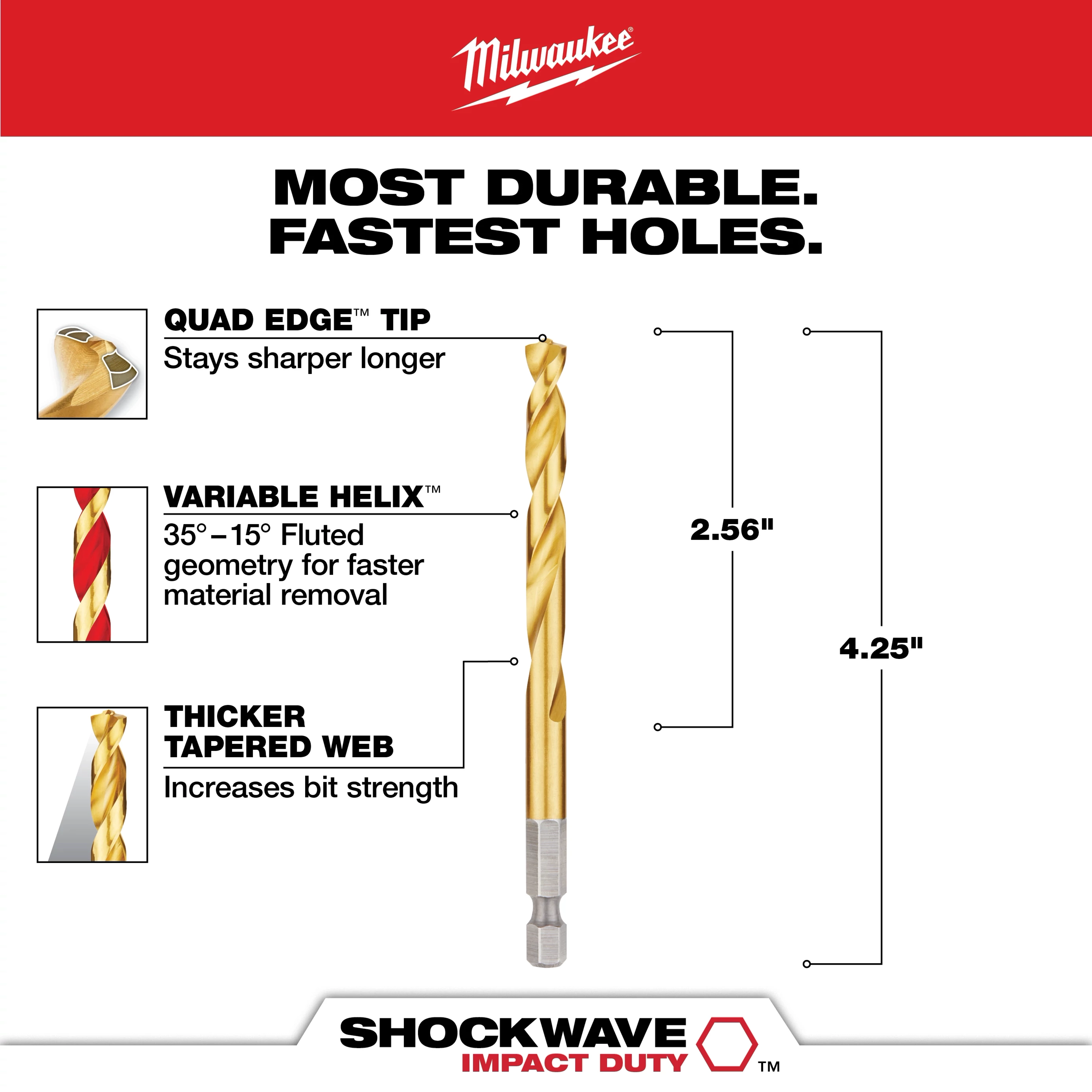 The SHOCKWAVE 9/32 in. Titanium Drill Bit features a Quad Edge Tip for longer sharpness, a Variable Helix design for faster material removal, and a Thicker Tapered Web for increased bit strength. The bit measures 4.25 inches in length with a 2.56-inch fluted section.