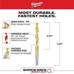 The SHOCKWAVE 9/32 in. Titanium Drill Bit features a Quad Edge Tip for longer sharpness, a Variable Helix design for faster material removal, and a Thicker Tapered Web for increased bit strength. The bit measures 4.25 inches in length with a 2.56-inch fluted section.