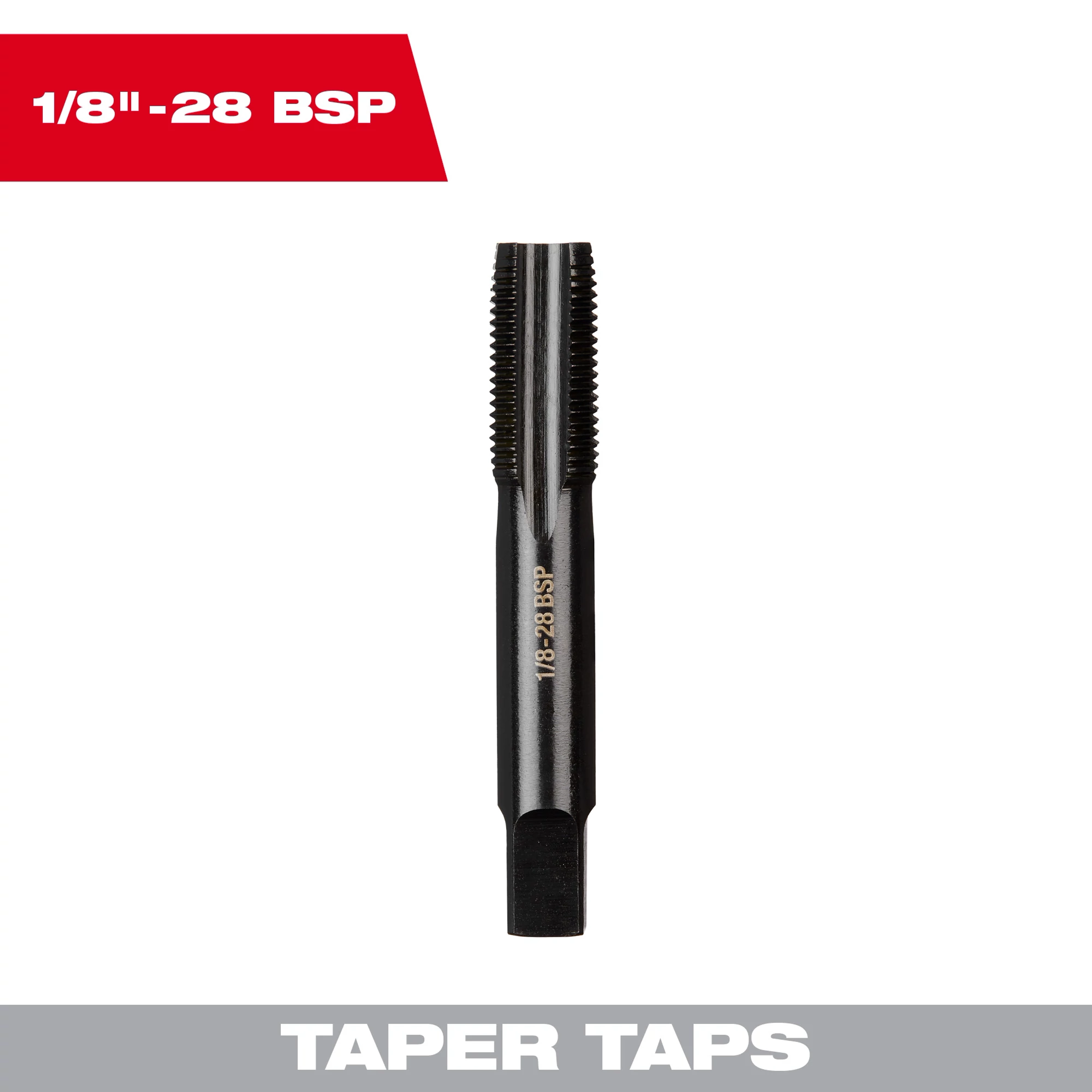 1/8"-28 BSP Straight Flute Taper Tap, designed for creating threads in metal, displayed against a white background with red and grey labels.