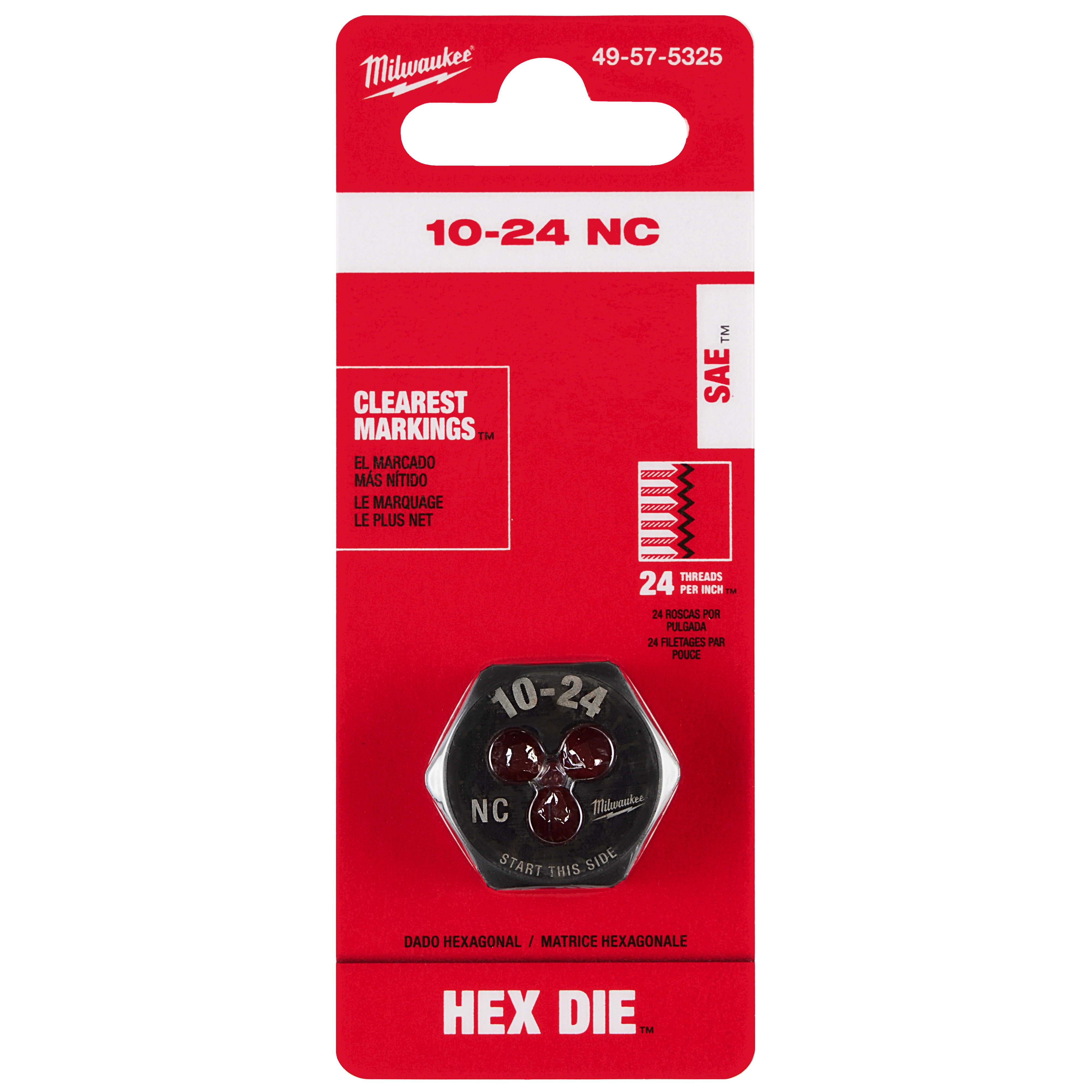 10-24 NC 1-Inch Hex Threading Die in packaging with "Clearest Markings" and "Hex Die". It has 24 threads per inch for NC threads.