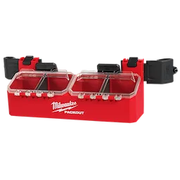 The PACKOUT Tool Box 2-Bin Attachment is a red portable storage unit with two clear-lidded bins for organizing tools and accessories.