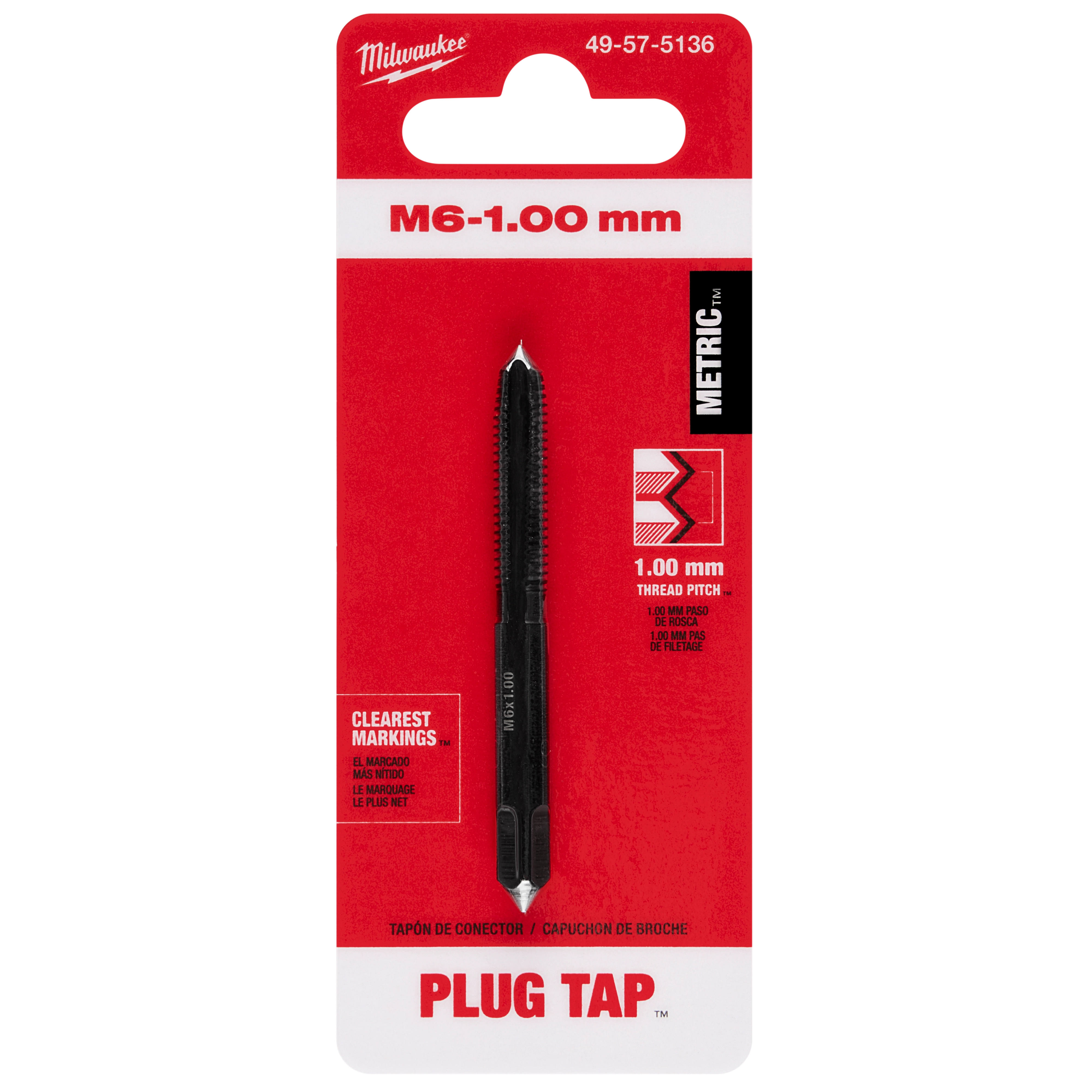 M6-1.00 mm Straight Flute Plug Tap on red packaging, highlighting 1.00 mm thread pitch and clear markings.