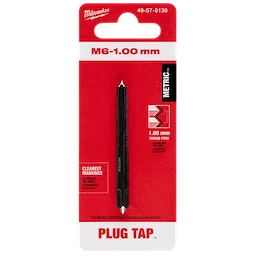 M6-1.00 mm Straight Flute Plug Tap on red packaging, highlighting 1.00 mm thread pitch and clear markings.