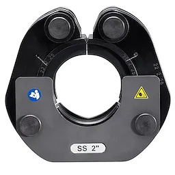 M18 Jaws and Rings - Stainless Steel, 2-inch fitting, with safety symbols and manual icon, designed for heavy-duty pipe work.