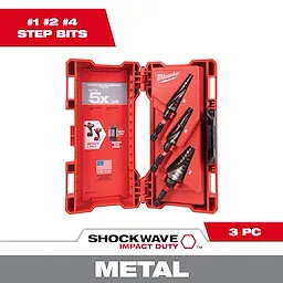 The 48-89-9257 SHOCKWAVE Impact Duty Step Bit 3 PC Set comes in a red case and includes three metal step drill bits. The set is designed for impact duty and features a 5X longer life with titanium aluminum coating.