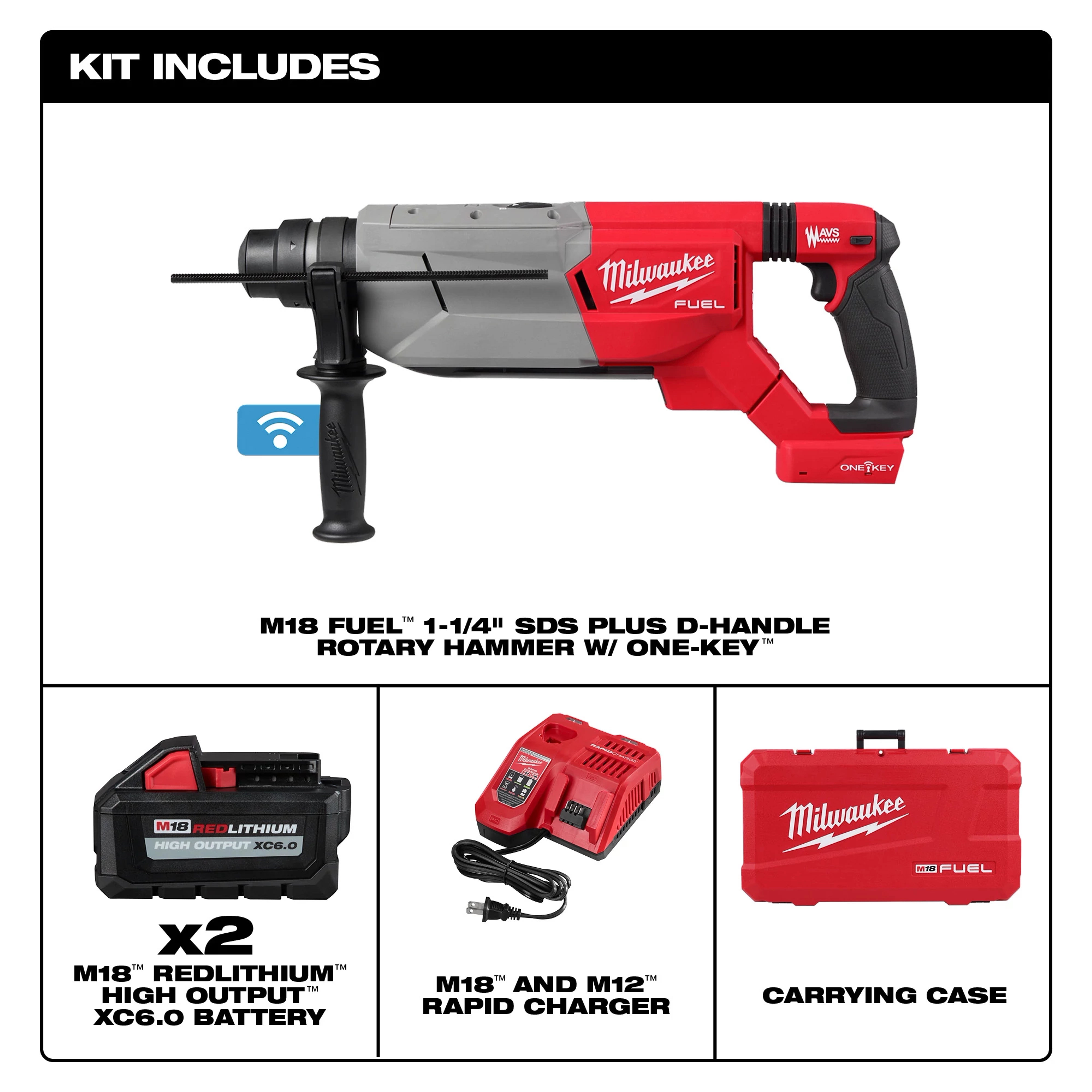 M18 FUEL™ 1-1/4” SDS Plus D-Handle Rotary Hammer Kit w/ ONE-KEY™ Includes