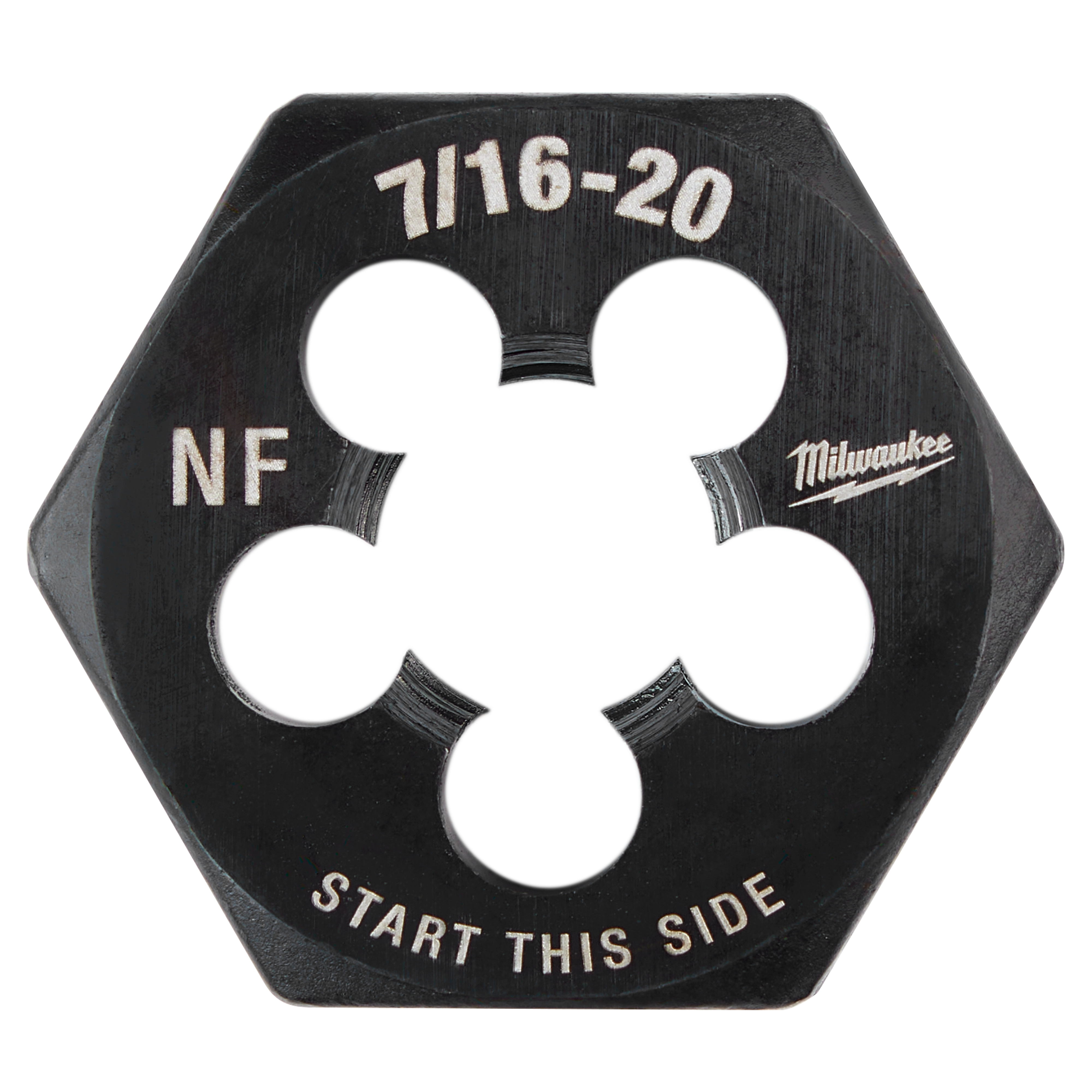 7/16"-20 NF 1-Inch Hex Threading Die with black finish, labeled "START THIS SIDE," used for cutting or repairing threads.