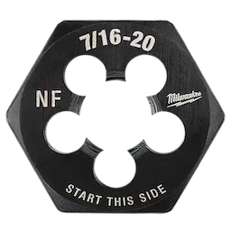 7/16"-20 NF 1-Inch Hex Threading Die with black finish, labeled "START THIS SIDE," used for cutting or repairing threads.