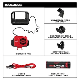 BOLT REDLITHIUM USB Cooling Fan includes a cooling fan, USB-C charging cord, REDLITHIUM USB 3.0 battery, and three air ducts.