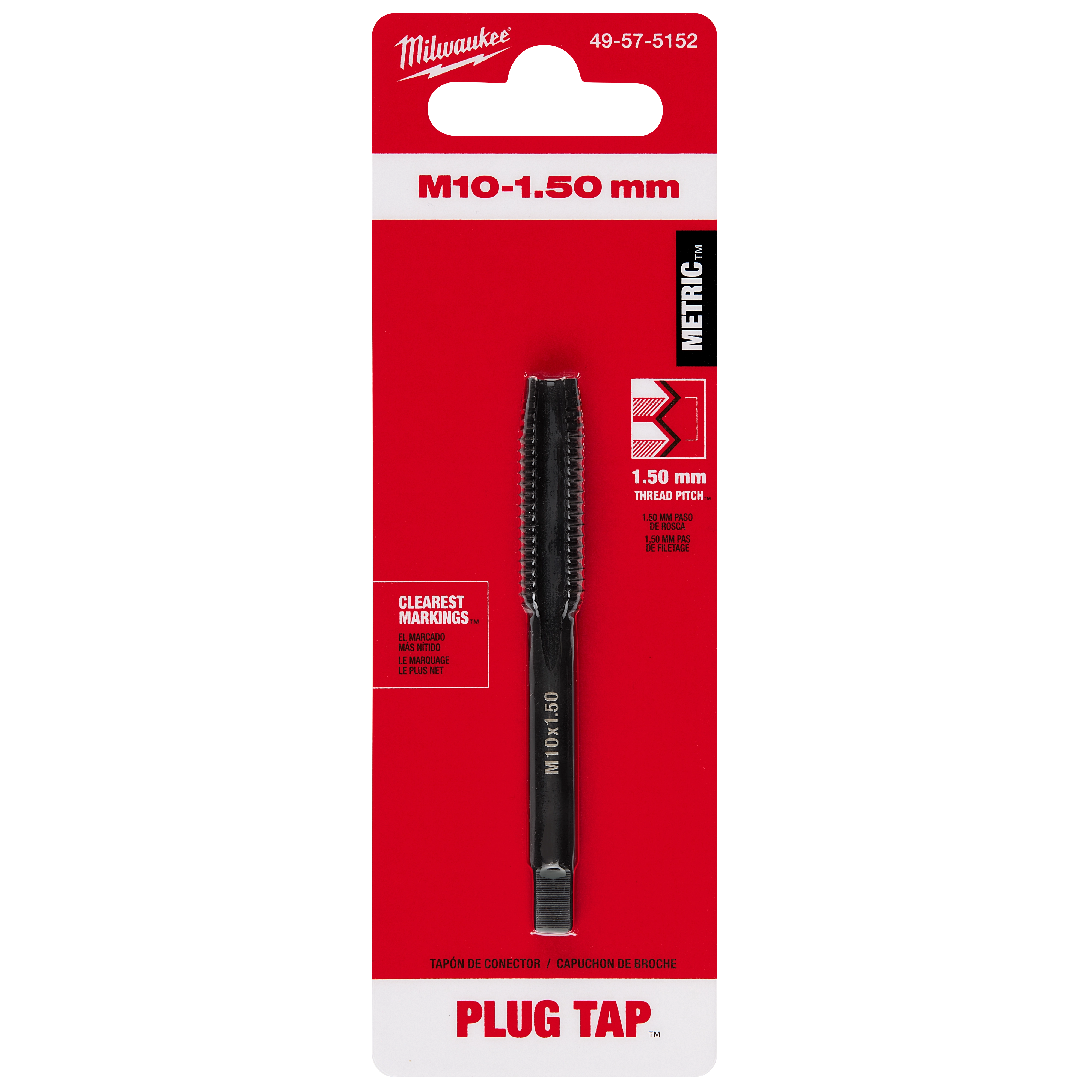 M10-1.50 mm Straight Flute Plug Tap in red packaging with metric marking, 1.50 mm thread pitch, and clear product labeling.
