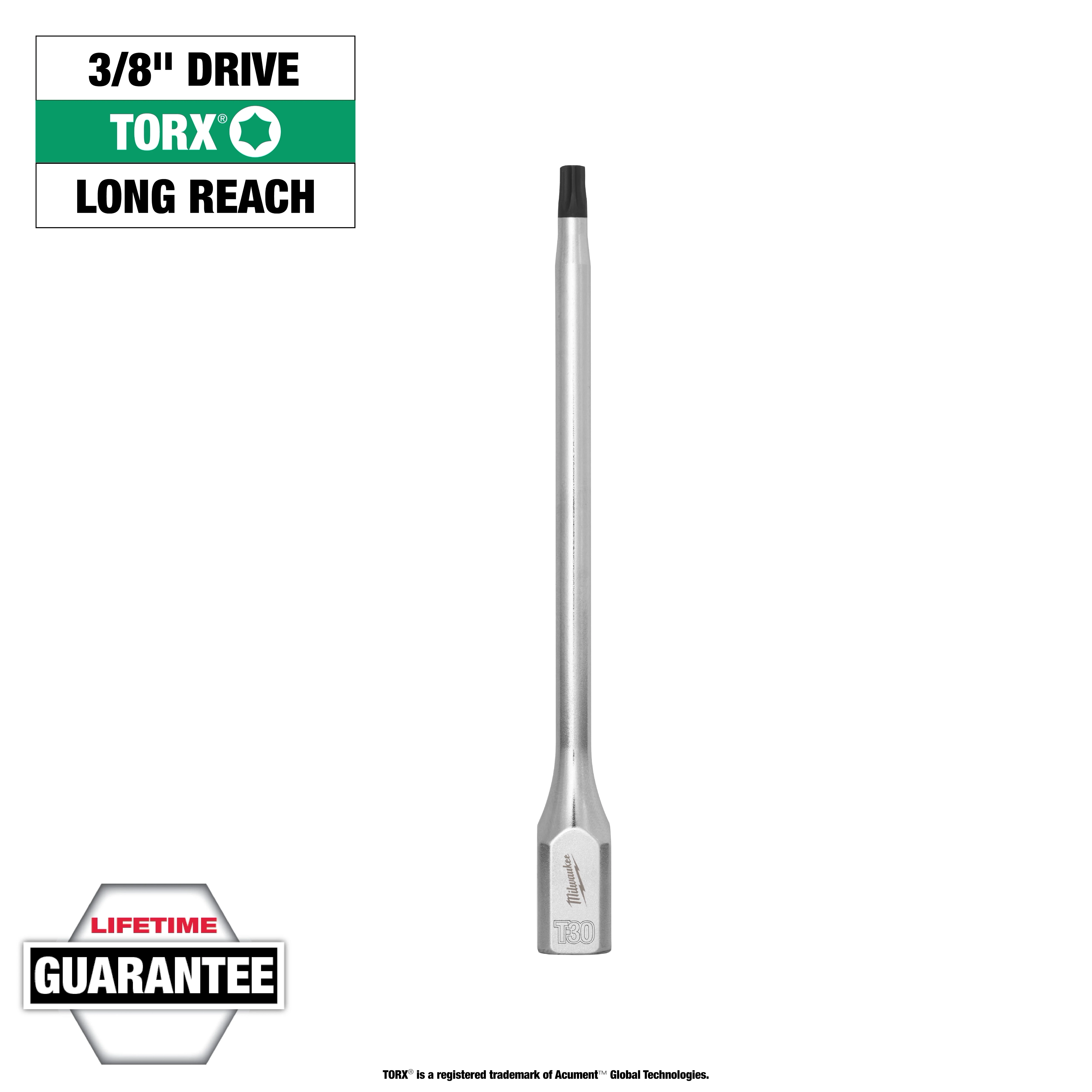 Quarter-inch drive T30 long TORX bit socket with a long reach design and lifetime guarantee shown against a white background.